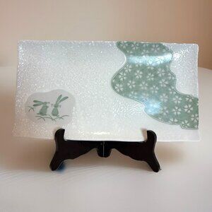 Japanese Advance Pottery Rectangular Plate Tray 12X6.5" Green Bunnies Floral VTG